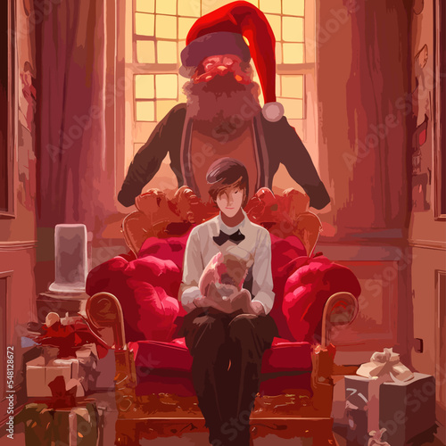 Santa Claus. Festive interior in a wooden house, New Year's cheerful mood Spirit of Christmas. 2023