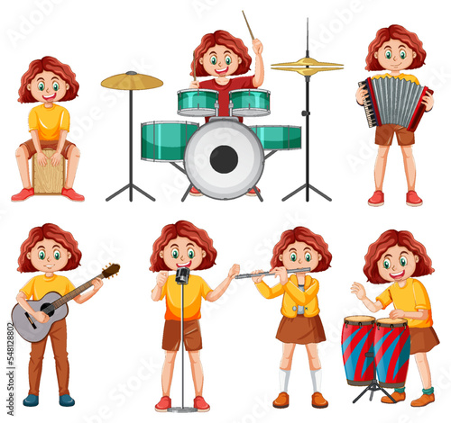 Set of kids playing different musical instrument