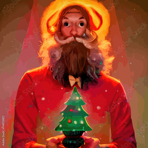 Portrait of Santa Claus. Festive interior in a wooden house, New Year's cheerful mood Spirit of Christmas.