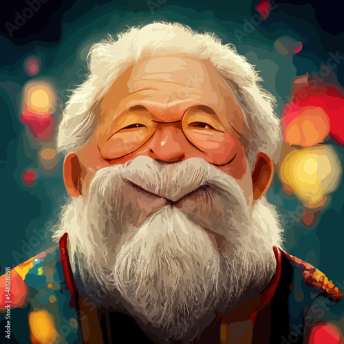 Portrait of Santa Claus. Festive interior in a wooden house, New Year's cheerful mood Spirit of Christmas.