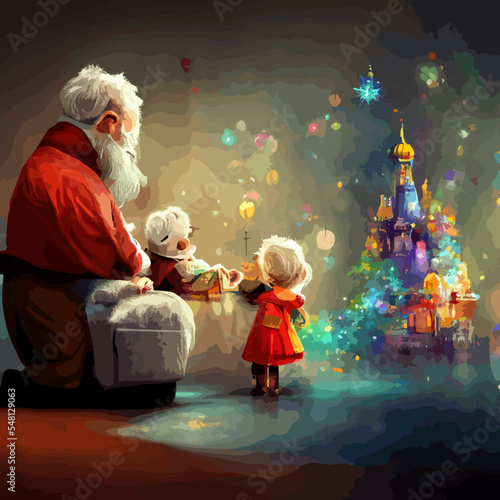 Santa Claus. Festive interior in a wooden house, New Year's cheerful mood Spirit of Christmas. 2023