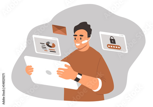 vector illustration in flat style. male character working on a laptop in headphones with a microphone