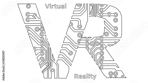 Black contours of letters VR abbreviation for Virtual Reality perforated with PCB circuit board tracks isolated on white. Concept for logo, banners or advertising.