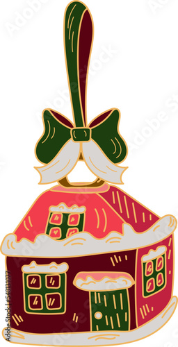 Christmas decoration with gingerbread house on a ribbon. Isolated on white background