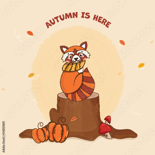 Autumn Is Here Font With Cartoon Raccoon Sitting Over Stump, Pumpkin And Toadstool On Pastel Peach Background.