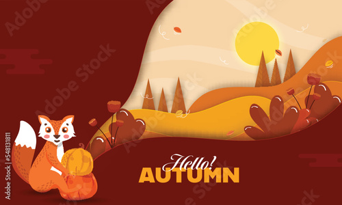 Paper Cut Autumn Sun Landscape Background With Cartoon Fox Holding Pumpkins Illustration.