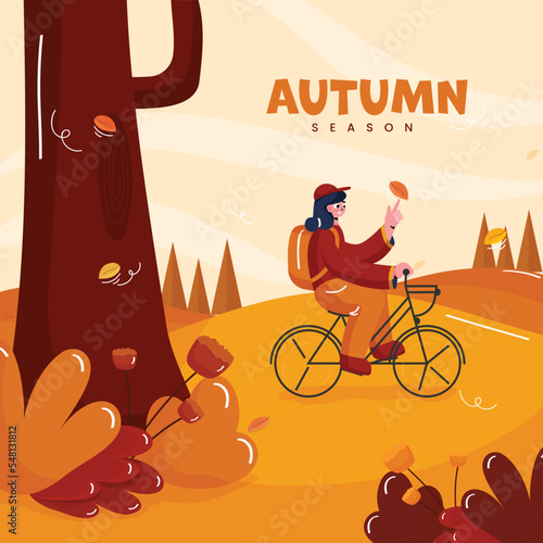 Autumn Season Background With Young Girl Riding On Bicycle Illustration.