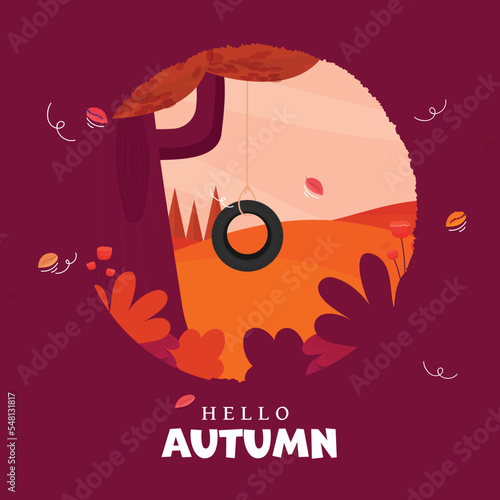 Hello Autumn Font With Tyre Hanging On Tree Branch Against Fall Season Dark Pink Background.
