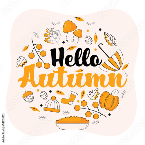 Hello Autumn Font With Autumnal Season Icons On Peach And White Background.