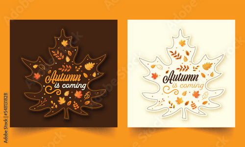 Autumn Is Coming Font On Sticker Style Maple Leaf Against Background In Brown And White Color. Social Media Post Or Template Set.