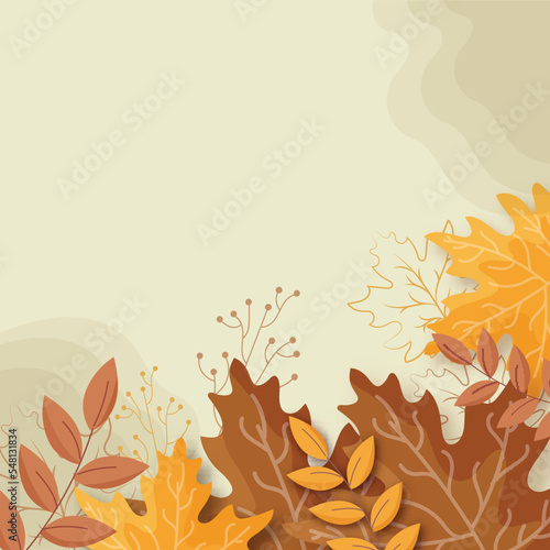 Autumn Leaves With Berry Stem Against Beige Background And Copy Space.