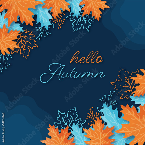 Hello Autumn Font With Top View Of Maple Leaves And Berry Stem Decorated On Blue Background.