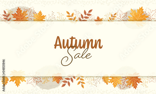 Autumn Sale Banner Design With Autumnal Leaves And Berry Stem Decorated On White Background.