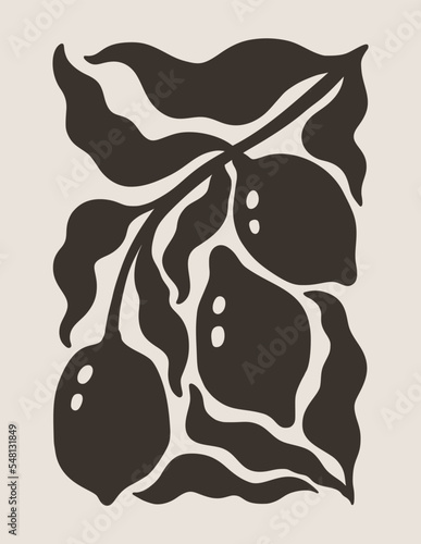 Abstract Floral Lemon Fruit and Leaves Poster. Modern Botanical Print in Contemporary Minimalist Style. Groovy Vector