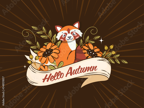 Hello Autumn Text Ribbon With Cartoon Raccoon, Flowers And Leaves On Brown Rays Background.