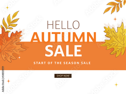 Autumn Sale Poster Design With Leaves And Orange Stripe On White Background.