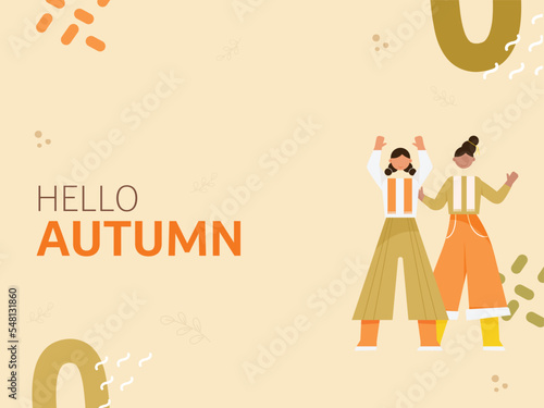 Hello Autumn Font With Faceless Teenager Girls Standing Together On Peach Background.