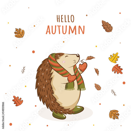 Hello Autumn Font With Cartoon Hedgehog Blowing Leaves On White Background.