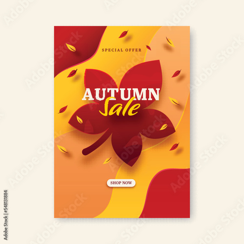 Autumn Sale Flyer Design With Leaves Decorated On Red And Orange Background.