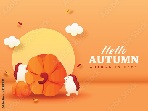 Hello Autumn Font With Cartoon Hedgehog Holding Pumpkins, Clouds And Fall Leaves On Orange Background.