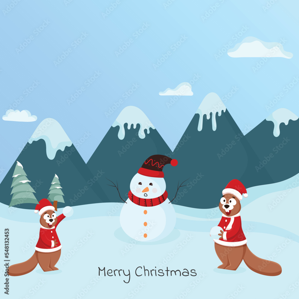 Merry Christmas Poster Design With Cartoon Snowman, Funny Squirrel Holding Snowballs On Blue And Cyan Mountain Background.