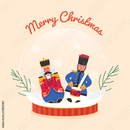 Merry Christmas Celebration Greeting Card With Nutcracker Characters Inside Snow Globe And Fir Leaves On Peach Background.