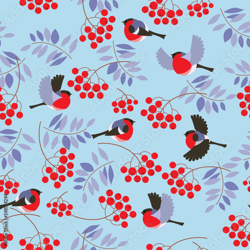 Bullfinch bird seamless pattern with leaves and rowan berries on a light blue background. Merry Christmas background collection. Winter holidays. Natural winter texture. Vector