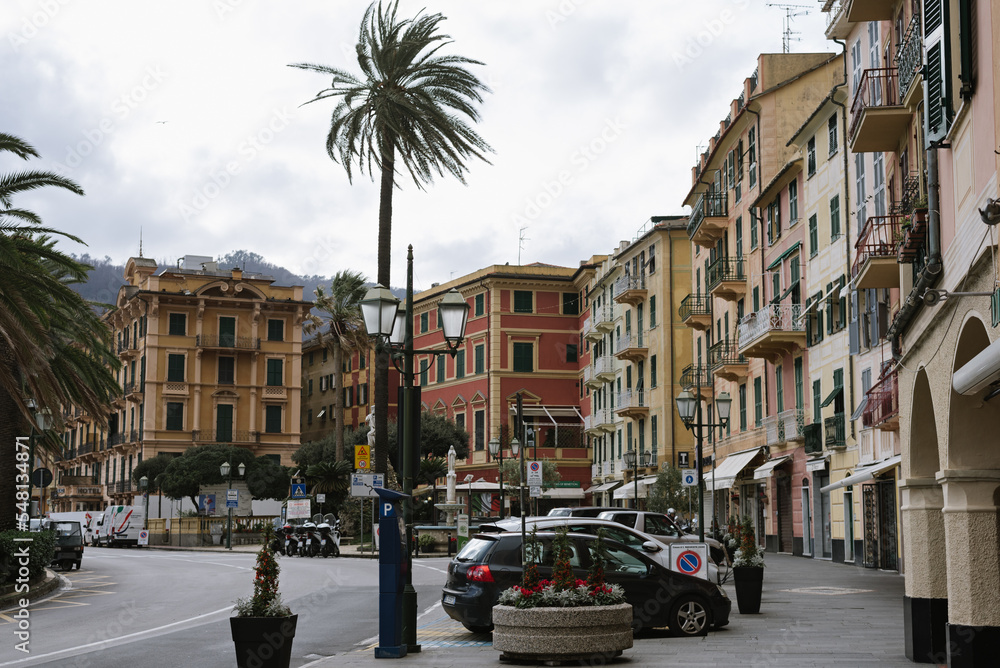 View of a beautiful city on the mediterranean coast with cloudy skies before the borders are closed due to the pandemic: SANTA MARGHERITA LIGURE, ITALY - January 27, 2020