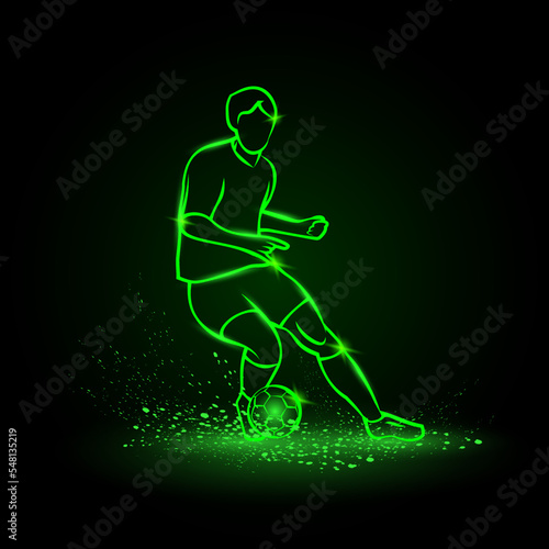 Soccer player dribbling with the ball. Vector Football sport green neon illustration.
