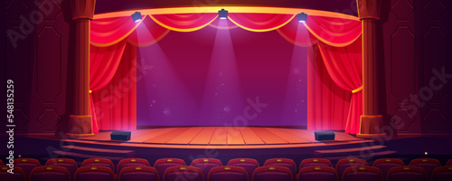 Empty theater stage with red curtains and spotlights. Cartoon vector illustration of concert hall interior with wooden scene illuminated with light beams, columns, luxury velvet drapes, audience seats