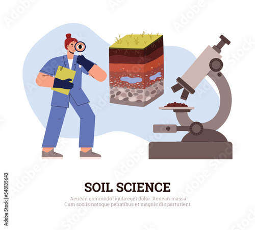 Soil science and lab researches banner template flat vector illustration.