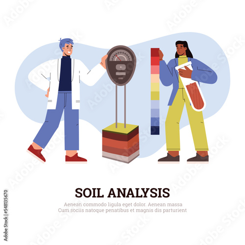 Scientists analyzing soil pollution level, flat vector illustration isolated on white background.