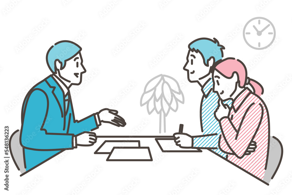 Male businessperson explaining, guiding, or introducing something to a young couple [Vector illustration Male businessperson explaining, guiding, or introducing something to a young couple [Vector illustration