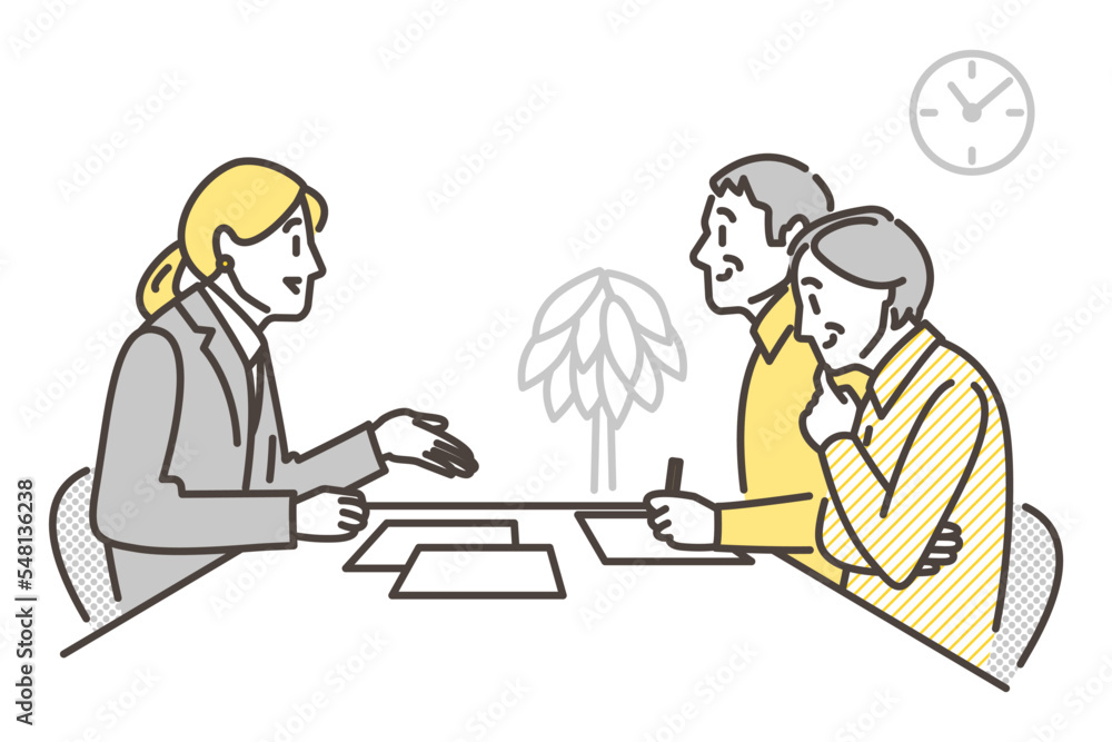 Female businessperson explaining, guiding, and introducing something to an elderly couple [Vector illustration].