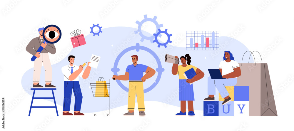 Consumer behavior and decision of purchasing process, flat vector isolated. Consumer behavior and decision of purchasing process, flat vector isolated.