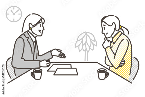 Female businessperson explaining, guiding, or introducing something to a young woman [Vector illustration].