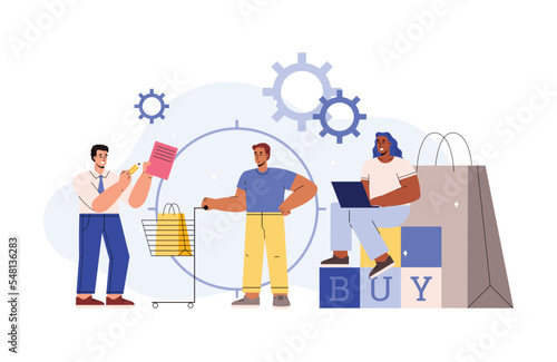 Consumer behaviour abstract metaphor - flat vector illustration isolated on white background.