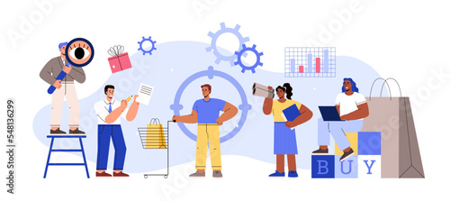 Consumer behavior and decision of purchasing process, flat vector isolated.