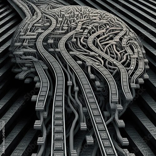 The brain synthesizes rails and roads. Illustration about the brain. Made by AI.