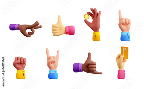 Hands holding money, bank card, showing thumb up, pointing, hang loose gesture, flick and fist. Diverse people hands with coin, credit card, symbols of like and rock, 3d render illustration photo