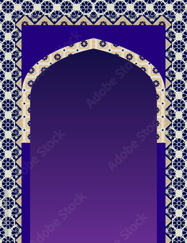Indian ornamental arch. Indian temple. Architectural arch. Architecture, Arabic Emirates.