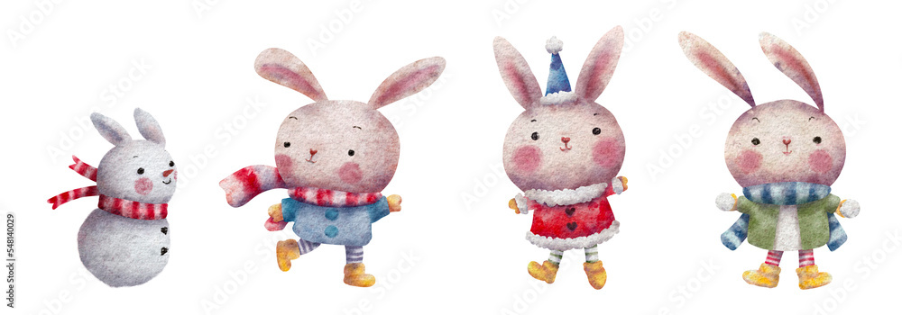 Set of cute rabbits and snowman in Christmas costume clipart watercolor isolated illustration, new year party in winter with animal and snowman hand drawn sticker for card and printing. Set of cute rabbits and snowman in Christmas costume clipart watercolor isolated illustration, new year party in winter with animal and snowman hand drawn sticker for card and printing.