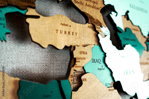 Turkey, Syria and Iraq, Jordan on the political map of the world. Wooden map photo