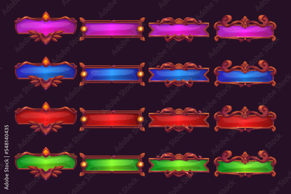 Medieval game menu frames, ui elements, buttons, plaques. Purple, blue, red and green banners with ornate rims. Empty royal gui bars for rpg, web design interface borders Cartoon 2d vector planks set