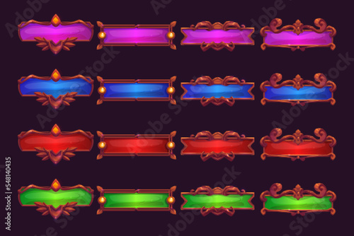 Medieval game menu frames, ui elements, buttons, plaques. Purple, blue, red and green banners with ornate rims. Empty royal gui bars for rpg, web design interface borders Cartoon 2d vector planks set