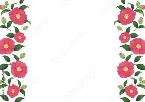シンプルな赤い花のライン枠 冬の花山茶花 椿のイラストB