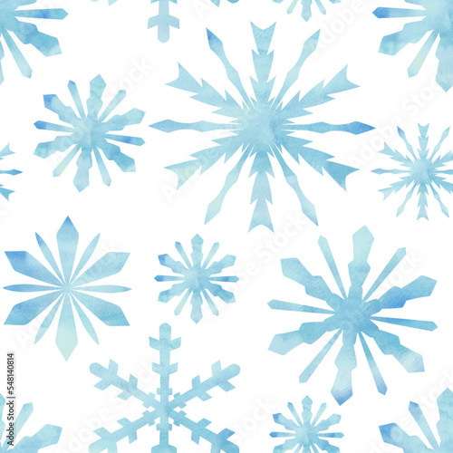 Seamless pattern snowflakes with watercolor texture. Vector illustration.