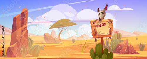 Sand storm in wild west desert landscape with wanted sign or banner, rocks, tree and cacti. Cartoon background for western game. Parchment hang on wooden board with animal skull, Vector illustration