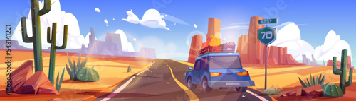Road trip, car driving desert highway at wild west landscape. Automobile with luggage on roof travel adventure, vacation journey on canyon roadway with rocks and cacti, Cartoon vector illustration