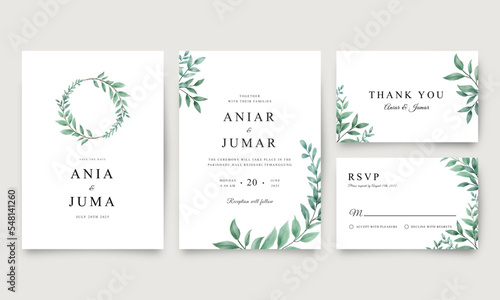 Set of minimalist wedding invitations with green foliage watercolor